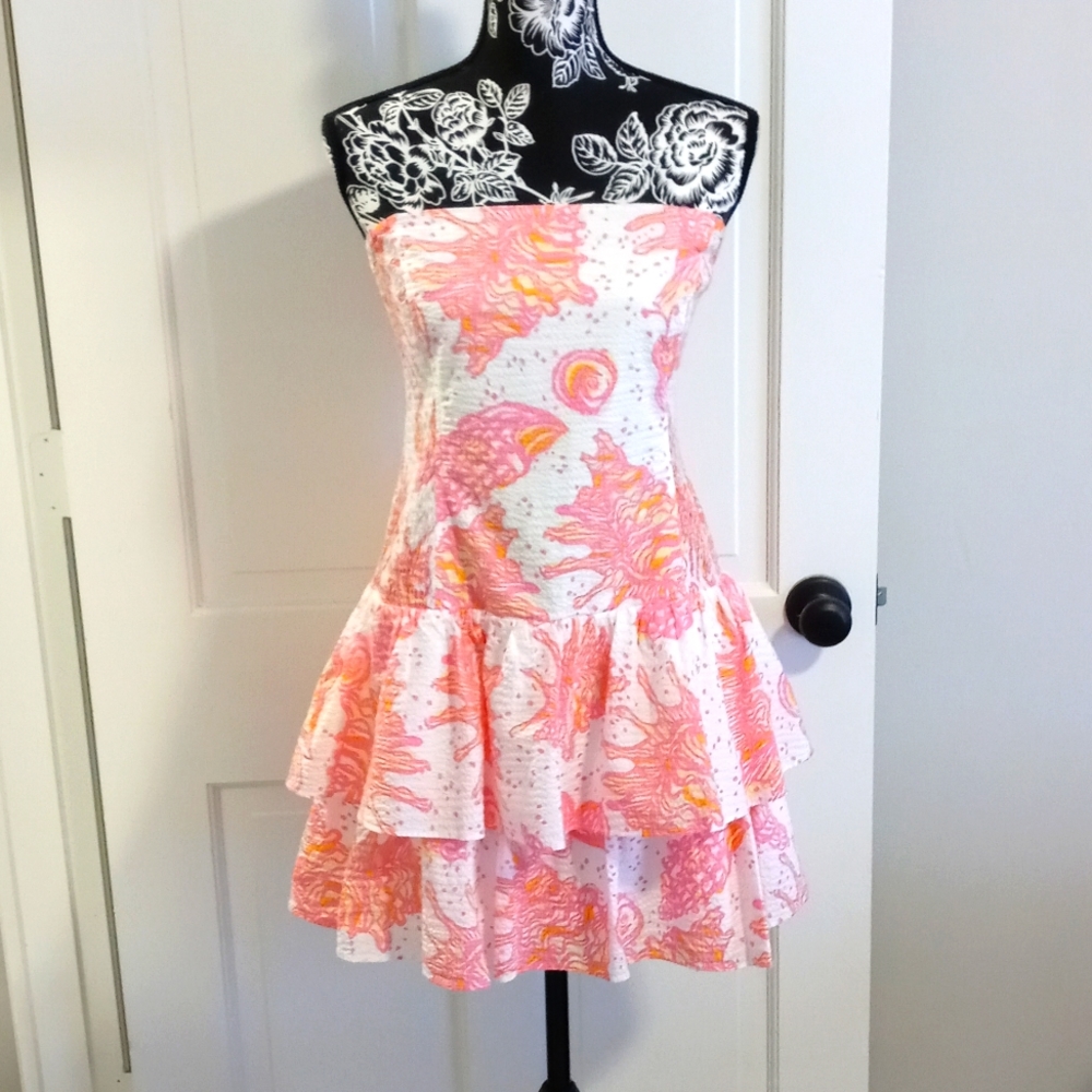 Lilly Pulitzer Strapless Floral Tiered Dress in Pink and Yellow on White